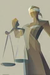 Conceptual abstract justice artwork with bold shapes and soft transitions, illustrating ethical balance, equality, fairness, and universal human values in a clean minimalist style.