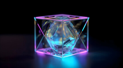 Radiant Geometric Glass Cube with Inner Structure, Illuminated by Neon Pink and Blue Light