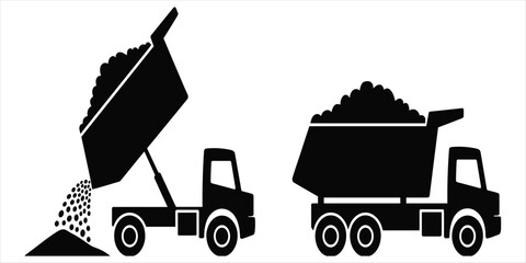 Two Black Silhouettes of Dump Trucks One Unloading Gravel on White Background Keywords: dump truck, construction, vehicle © Rasel