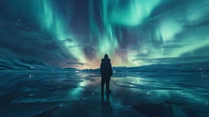 Person standing alone under stunning aurora borealis display in Arctic landscape