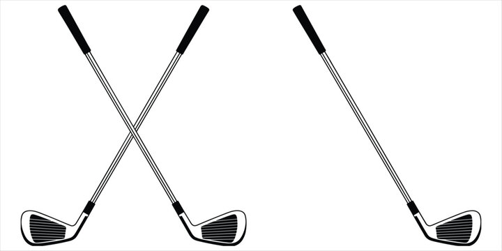 Two golf clubs crossed and one golf club angled on white background golf equipment sports equipment