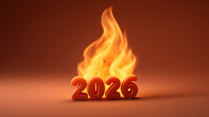 3D 2026 numbers with integrated flame shape on clean minimal background