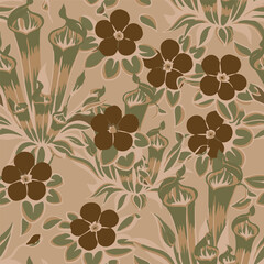 Earthy botanical surface design with wild flowers and pitcher plants for textile printing and commercial packaging.