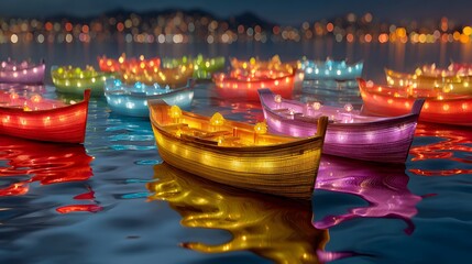 Obraz premium Colorful Lantern Boats Floating on Serene Water at Night with Vibrant City Lights in the Background Scene