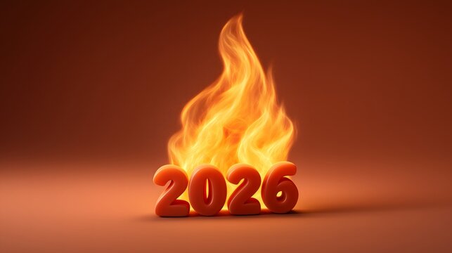 3D 2026 numbers with integrated flame shape on clean minimal background