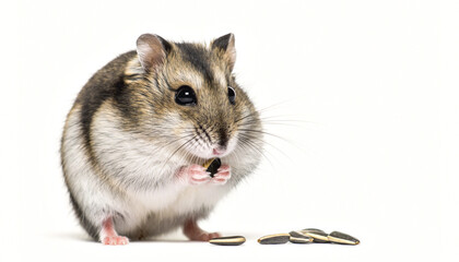 Adorable Dwarf Hamster Enjoying a Sunflower Seed on White