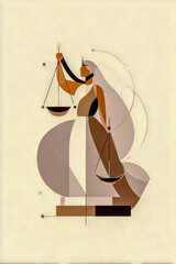 Minimal abstract depiction of justice ideals with bold geometric shapes and smooth color transitions, conveying balance, equality, fairness, and human-centered moral concepts.