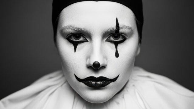 Symmetrical black and white portrait of a person with Pierrot makeup.