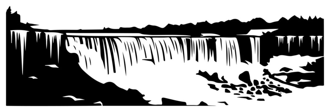 Wide panoramic waterfall landscape view silhouette