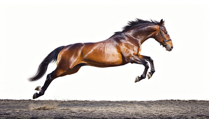 Powerful Bay Horse Leaping Dynamically Against White Background © buivan