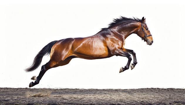 Powerful Bay Horse Leaping Dynamically Against White Background