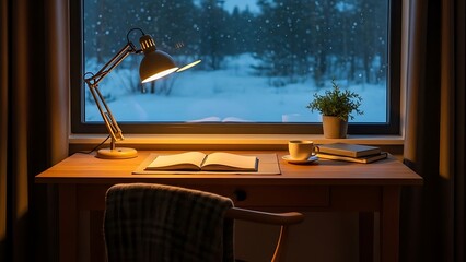 A desk lamp illuminates a wooden desk with books and a cup by a snowy window.