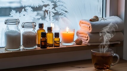 Cozy winter morning spa scene with candles, essential oils, and tea by the snowy window, creating a serene ambiance and peaceful retreat indoors