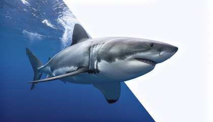 Fototapeta premium Dynamic Great White Shark: Split View of Underwater and Above