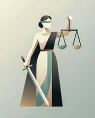 Abstract minimalist illustration representing justice symbolism through bold shapes and soft color transitions, expressing equality, fairness, balance, and human values in a modern surreal style.