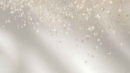 A shimmering cascade of golden sparkles and light streaks across a soft white background