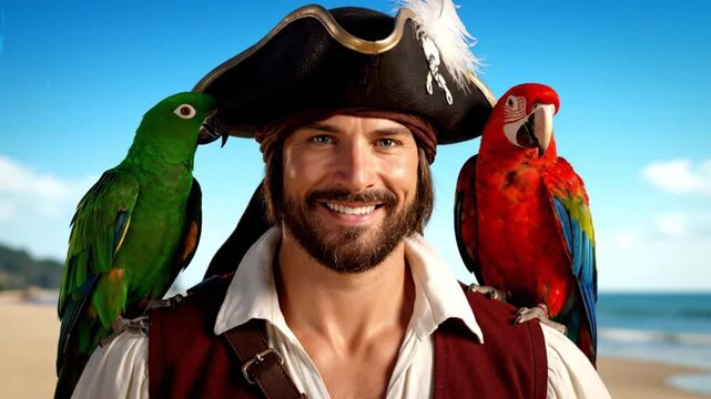 Smiling Pirate with Two Colorful Parrots on Tropical Beach Adventure