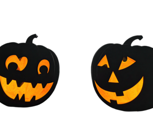 Two silhouetted jack-o'-lanterns, with orange eyes and mouths glowing, on a black background