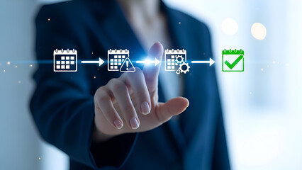 Businessperson interacting with calendar icons for planning and organization
