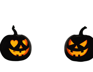 Two lit jack-o'-lanterns, one with heart eyes and the other with an angry face, against black