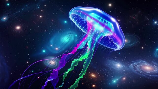 Futuristic colorful jellyfish swims in outer space
