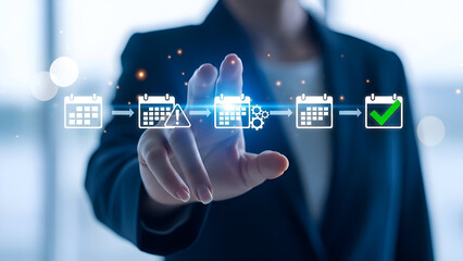 Businesswoman interacting with digital icons on her finger in a futuristic office setting with blurred background