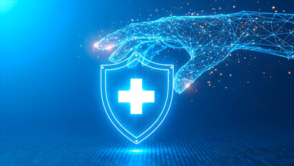 A glowing blue shield with a white cross is protected by a hand of light particles on a dark blue background with a grid pattern