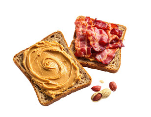 Obraz premium Peanut butter sandwich with crispy bacon on dark toast, peanuts