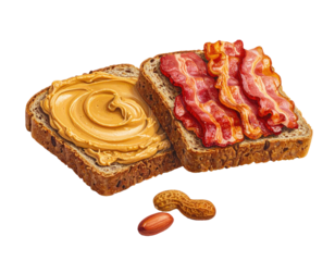A savory illustration of a sandwich peanut butter on one slice, bacon on the other. Includes peanuts