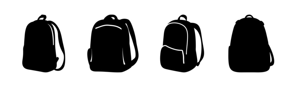 A set of four black silhouettes of backpacks standing upright in a row on a white background