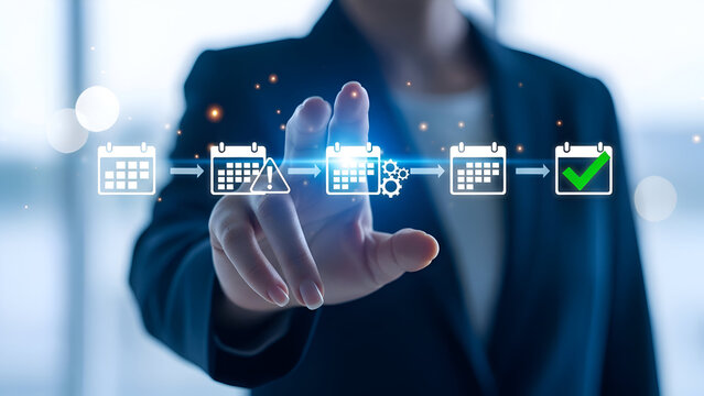 Businesswoman interacting with digital icons on her finger in a futuristic office setting with blurred background - Powered by Adobe