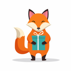 Obraz premium A cheerful cartoon fox holding a gift box with a bow