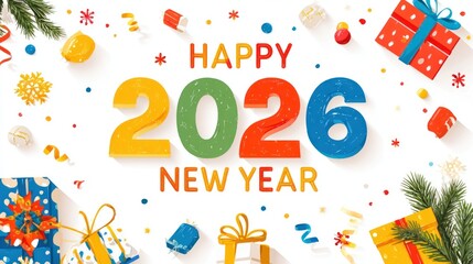 Happy New Year 2026 design with colorful number illustrations and festive atmosphere