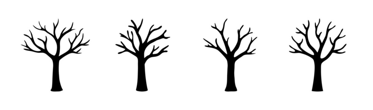 Illustration of four bare trees with slender trunks and branches in black silhouette style