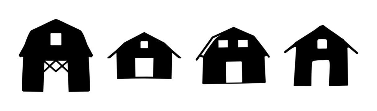 Four stylized black barn silhouettes with varying window and door shapes on a white background