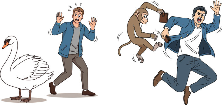 Cartoon illustration of a man scared of a swan and a monkey stealing a wallet afraid bird