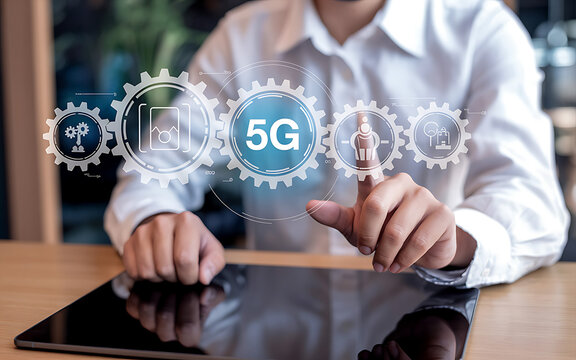 Man interacting with 5g technology on tablet - Powered by Adobe
