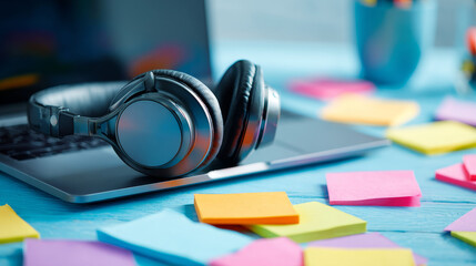 Stylish modern workspace featuring a laptop, headphones, and colorful sticky notes arranged near a blue wall, creating a creative and productive environment.