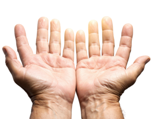 Close-up of open palms against a black background, showing details of skin texture