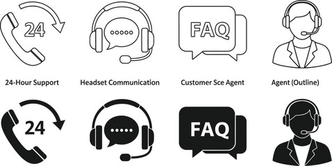 Comprehensive vector icon set for customer service, helpdesk, and communication solutions, featuring 24-hour support, FAQ, and dedicated agent representations