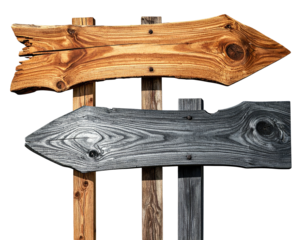 Wooden directional signs with contrasting colors pointing towards a destination on a black background