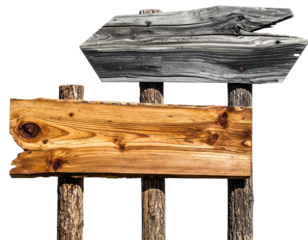 Wooden directional signpost, showing arrows, constructed with weathered timber and natural textures