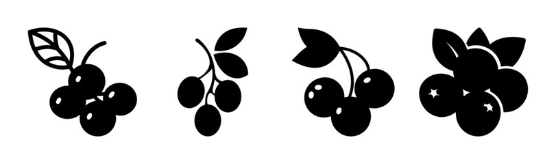 Illustration of four stylized black berry clusters with leaves on white background design isolated © Suriya
