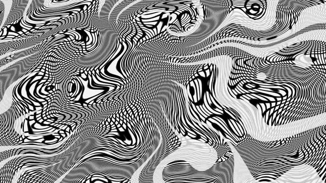 Abstract trippy black and white distorted grid background with fluid liquid swirl texture
