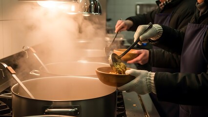 Chef prepares culinary masterpiece in a professional kitchen, serving steaming hot dishes, with focus on cooking techniques and gastronomy