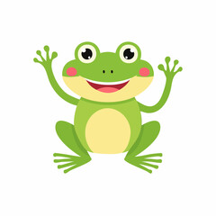 Obraz premium Cute cartoon green frog with big eyes and a wide smile, waving with both hands, isolated on a white background