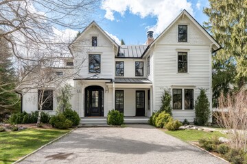 A stunning white house stands proudly amidst a charming suburban neighborhood, featuring a lovely yard and a winding pathway, all beneath a bright blue sky on a sun-drenched day