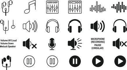 Diverse collection of minimalist line art vector icons for audio playback, sound control, and media interfaces, suitable for modern digital applications and web design elements