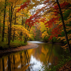 A serene river flows through a vibrant forest ablaze with the fiery colors of autumn foliage.