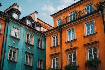 Fototapeta premium Colorful buildings with unique designs in a city square during daytime under a blue sky with white clouds creating an inviting atmosphere for passersby and visitors